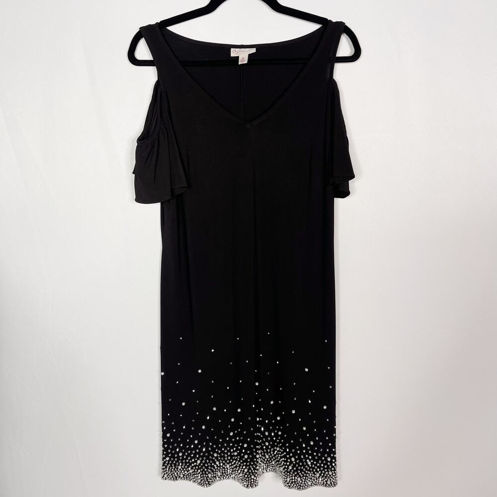 Dressbarn Medium Black Sequin Rhinestone Cold Shoulder Sheath Dress Short Sleeve